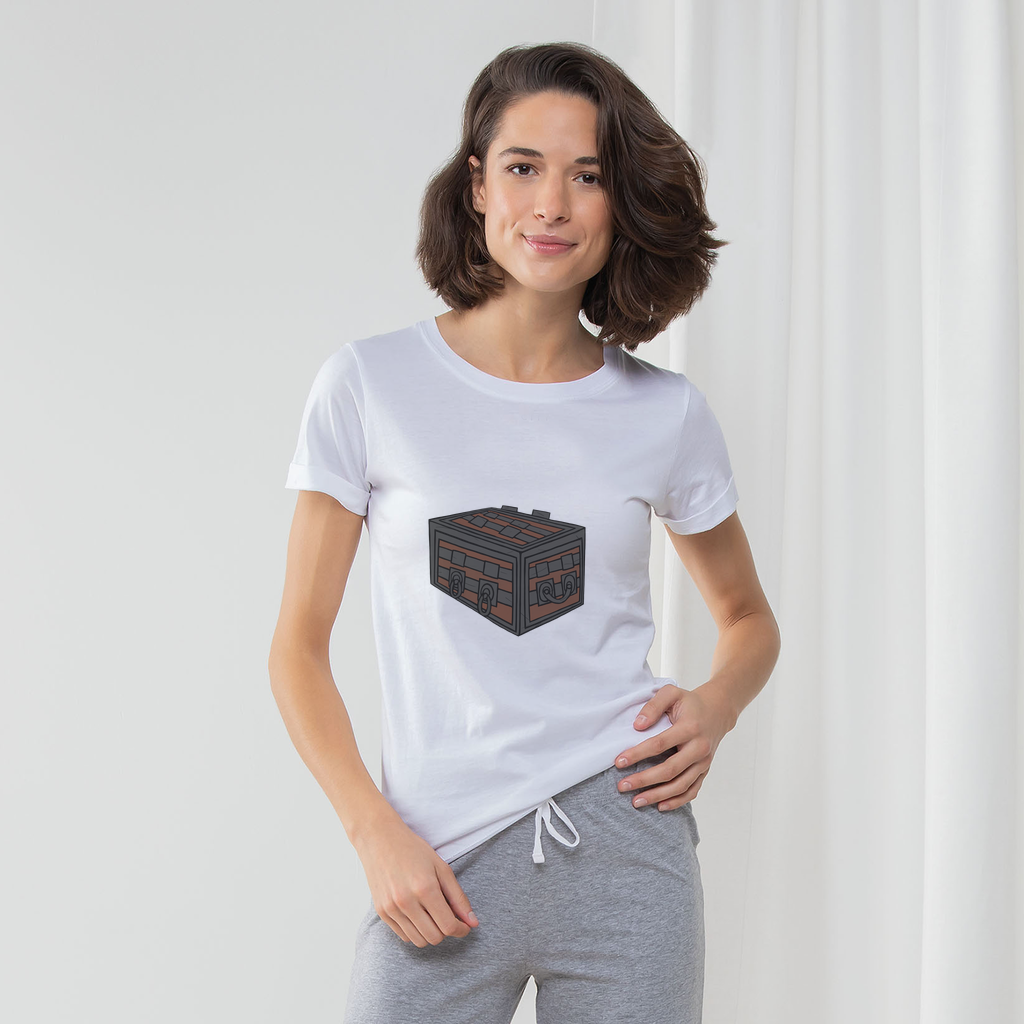 Crate Women's Long Pant Pyjama Set featuring a white t-shirt, striped pants in heather grey and light pink, and a matching drawcord bag.