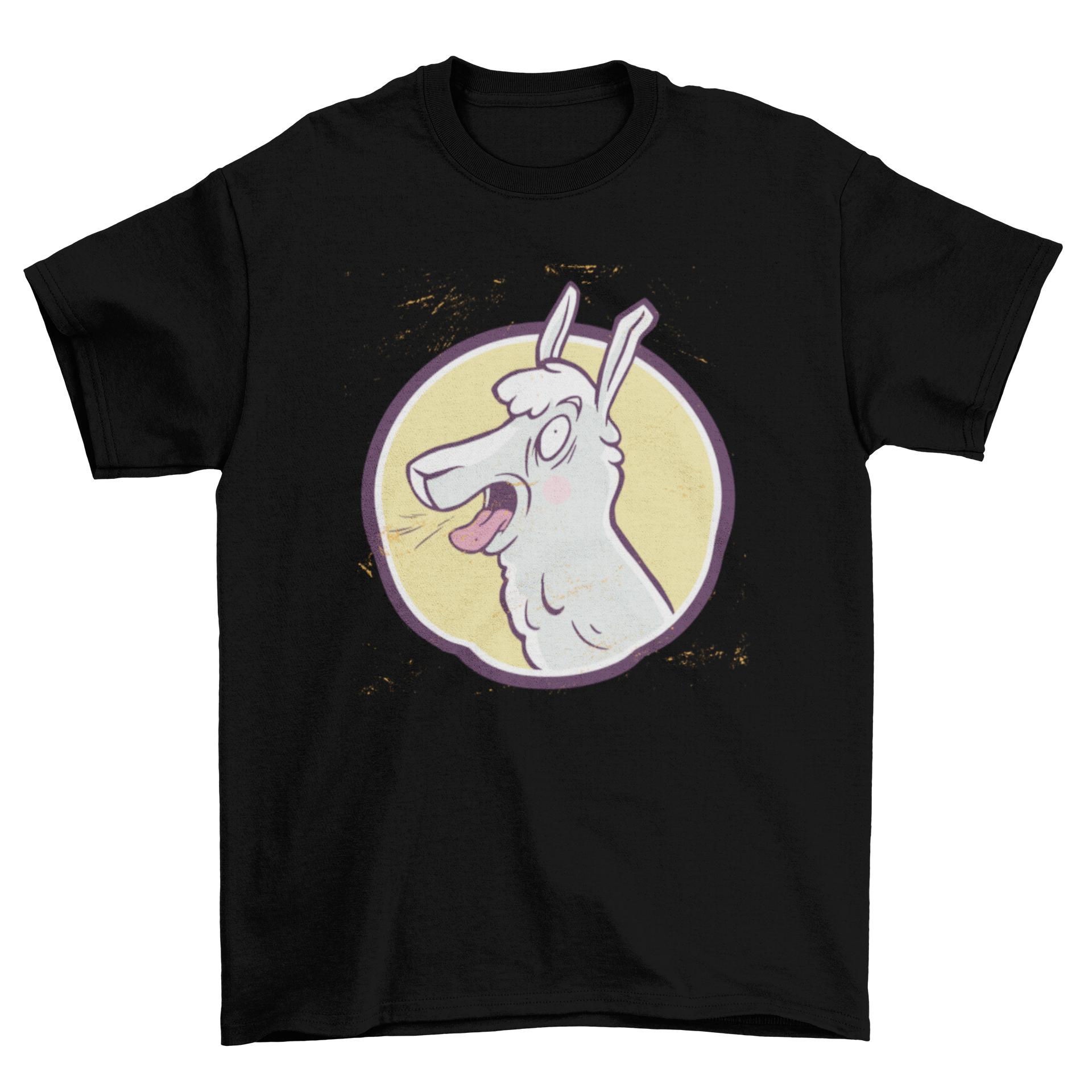 A humorous t-shirt featuring a cartoon llama screaming joyfully, perfect for casual wear.