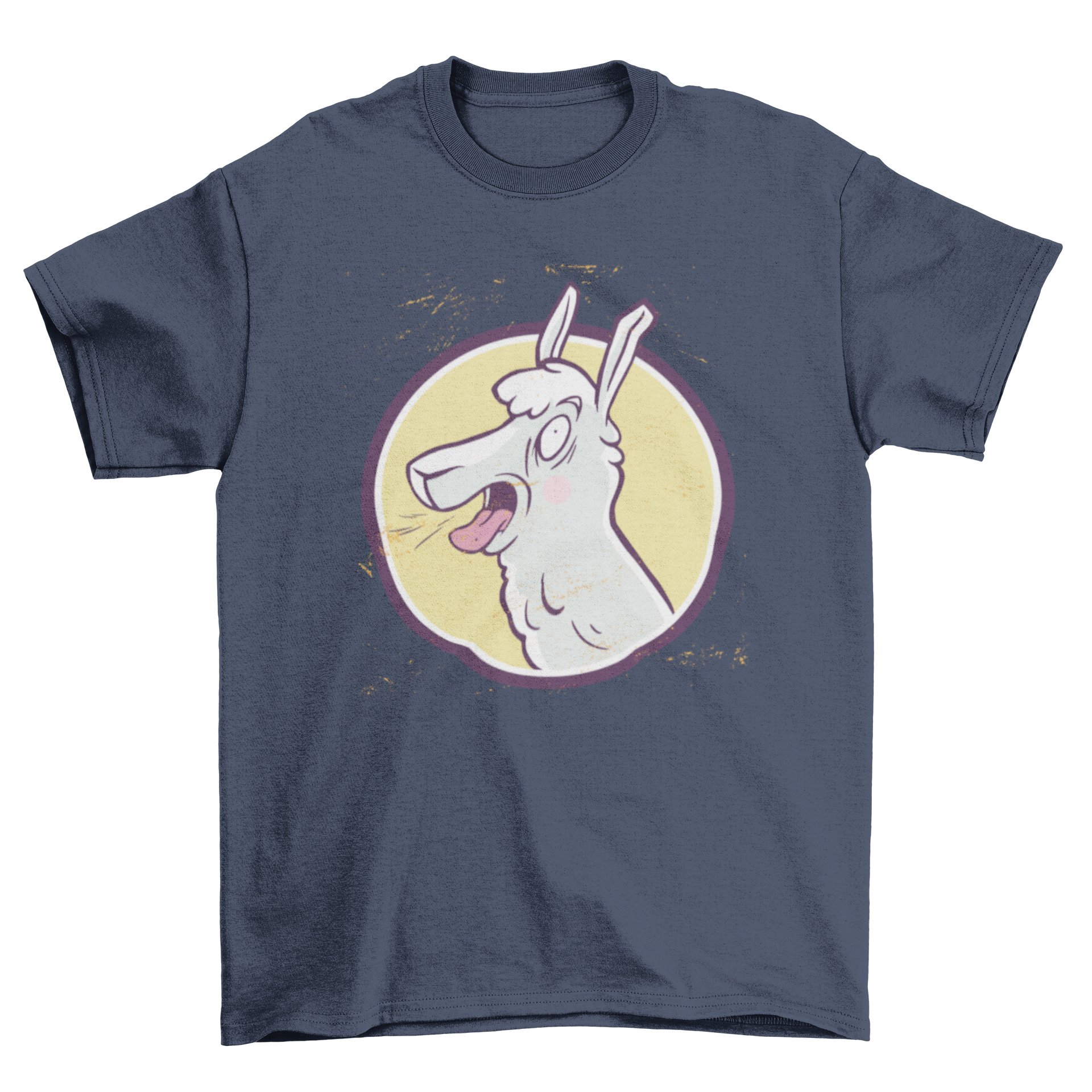 A humorous t-shirt featuring a cartoon llama screaming joyfully, perfect for casual wear.