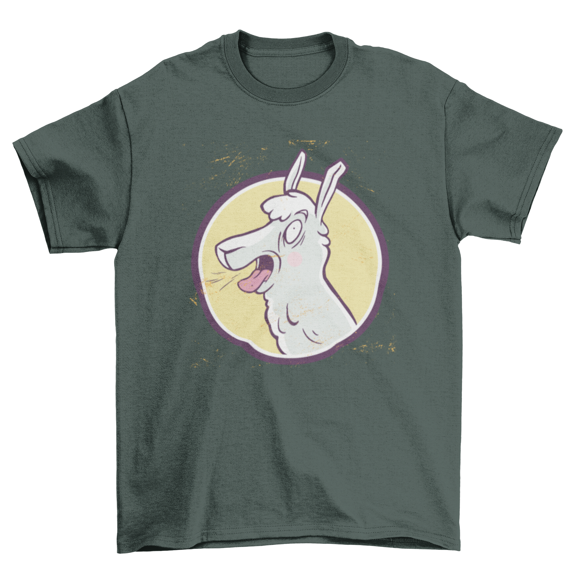 A humorous t-shirt featuring a cartoon llama screaming joyfully, perfect for casual wear.