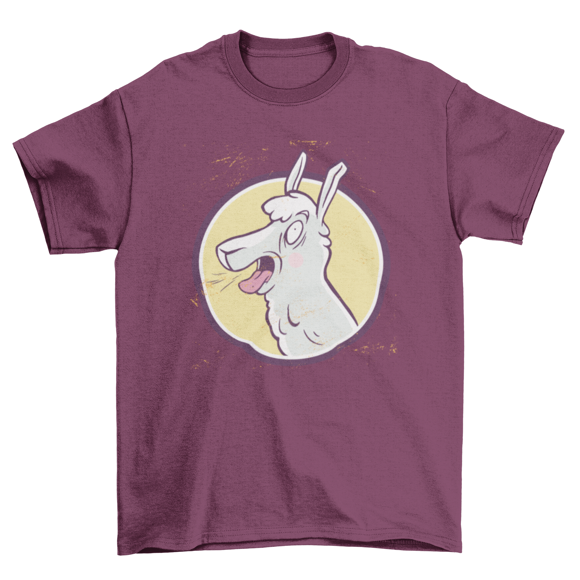 A humorous t-shirt featuring a cartoon llama screaming joyfully, perfect for casual wear.