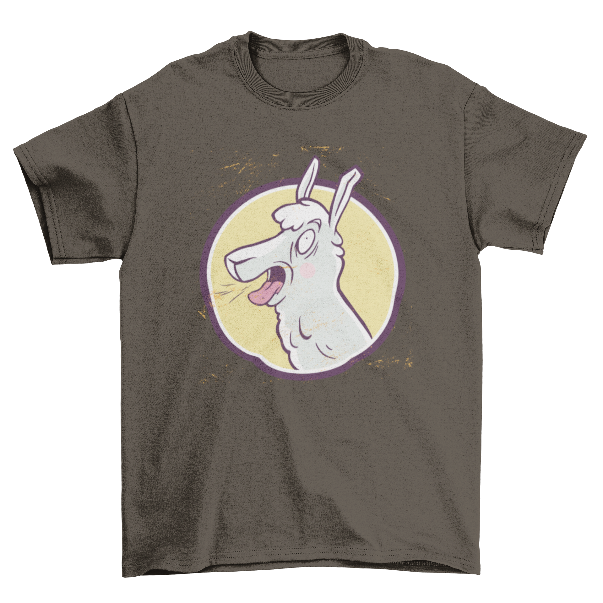 A humorous t-shirt featuring a cartoon llama screaming joyfully, perfect for casual wear.