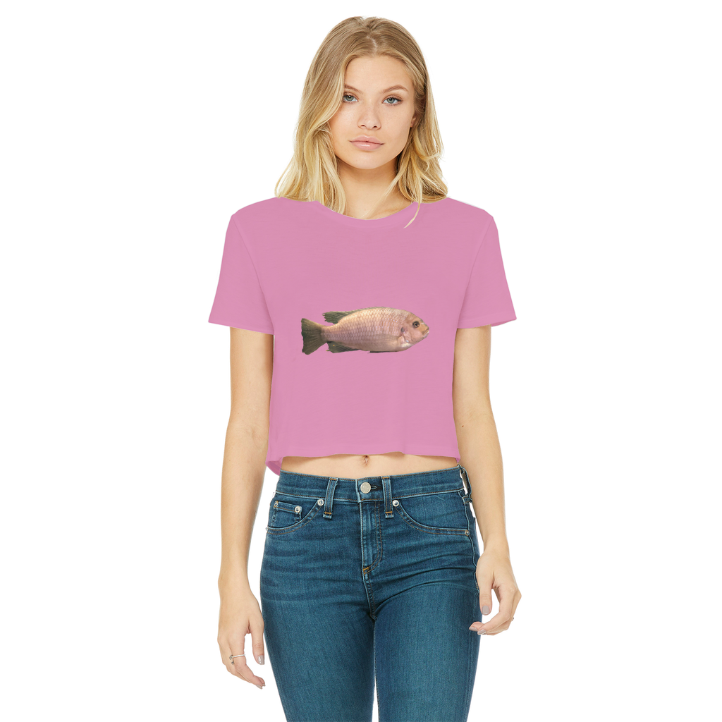 Cream Peach Fish Classic Women's Cropped Raw Edge T-Shirt featuring a round neck and raw edge hem.