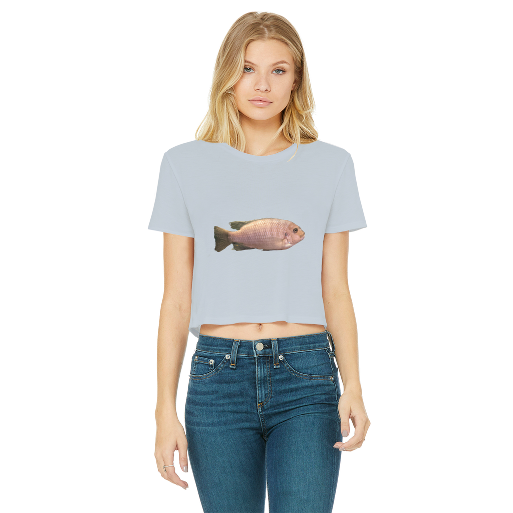 Cream Peach Fish Classic Women's Cropped Raw Edge T-Shirt featuring a round neck and raw edge hem.