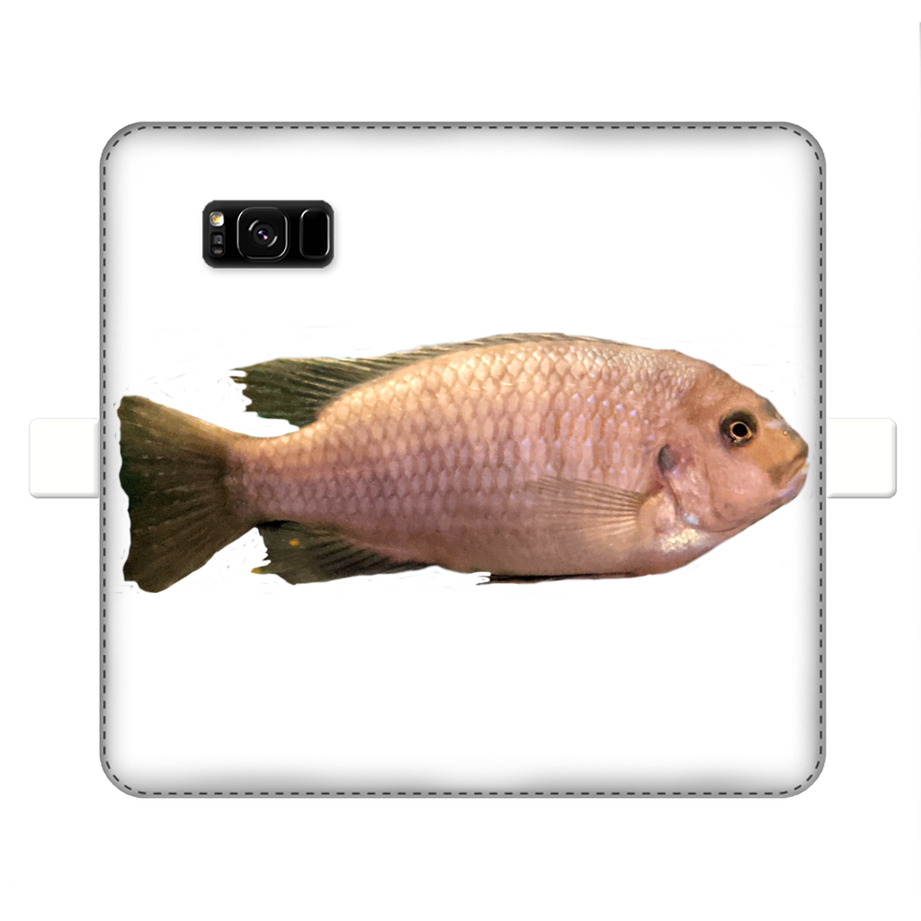 Cream Peach Fish Fully Printed Wallet Case showcasing vibrant design and magnetic closure, suitable for iPhone and Samsung models.