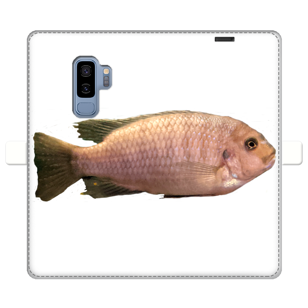 Cream Peach Fish Fully Printed Wallet Case showcasing vibrant design and magnetic closure, suitable for iPhone and Samsung models.