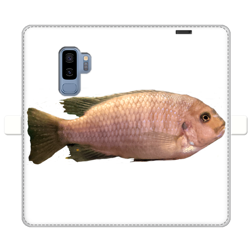 Cream Peach Fish Fully Printed Wallet Case showcasing vibrant design and magnetic closure, suitable for iPhone and Samsung models.