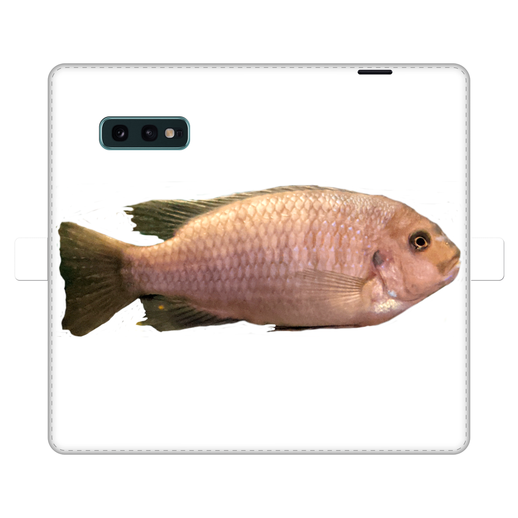 Cream Peach Fish Fully Printed Wallet Case showcasing vibrant design and magnetic closure, suitable for iPhone and Samsung models.