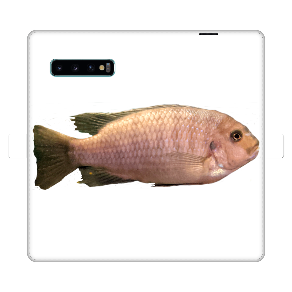 Cream Peach Fish Fully Printed Wallet Case showcasing vibrant design and magnetic closure, suitable for iPhone and Samsung models.