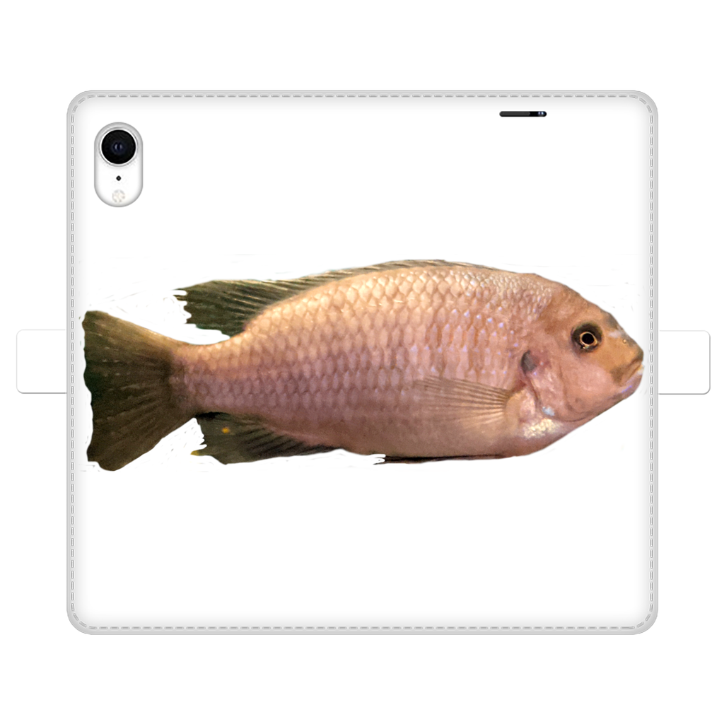 Cream Peach Fish Fully Printed Wallet Case showcasing vibrant design and magnetic closure, suitable for iPhone and Samsung models.