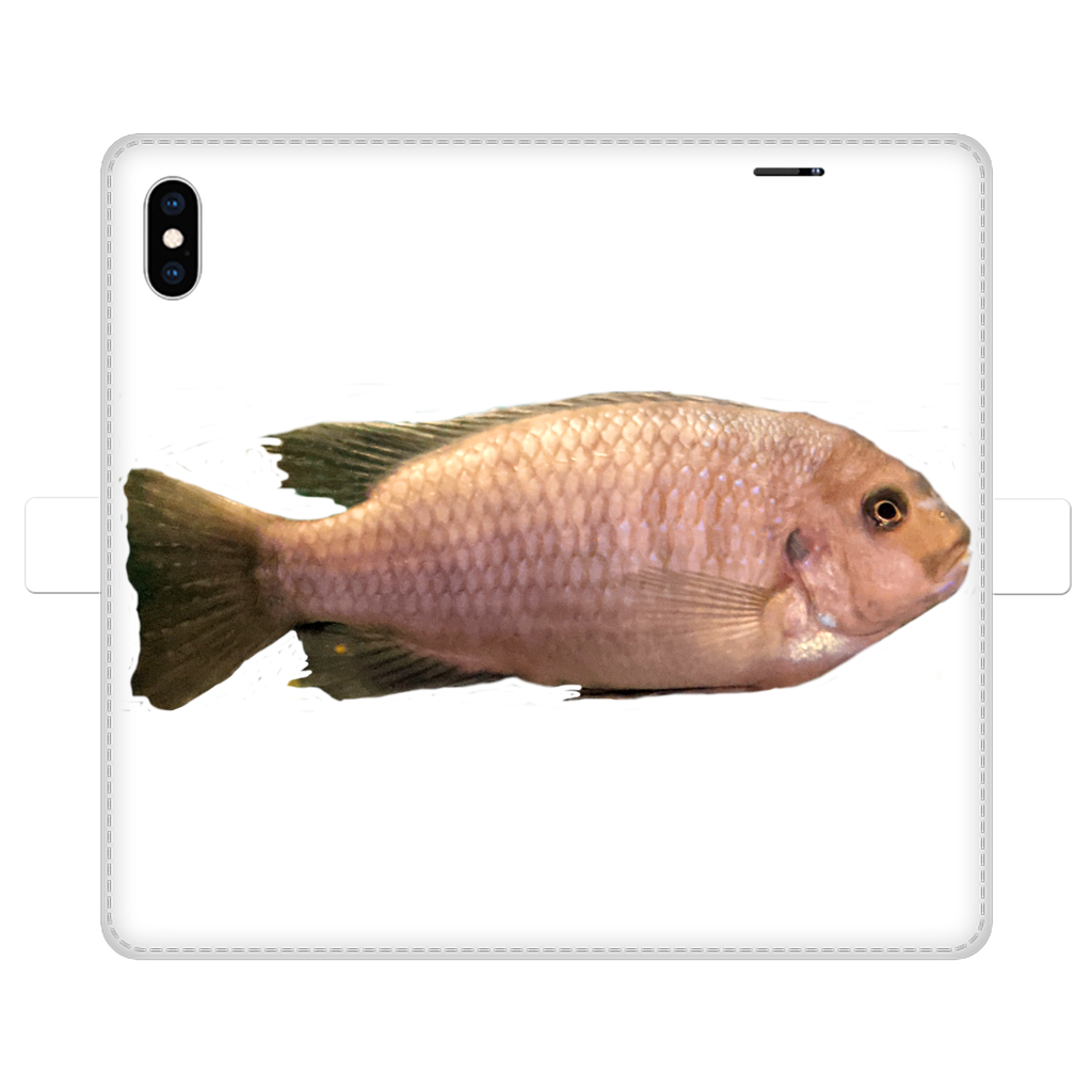 Cream Peach Fish Fully Printed Wallet Case showcasing vibrant design and magnetic closure, suitable for iPhone and Samsung models.