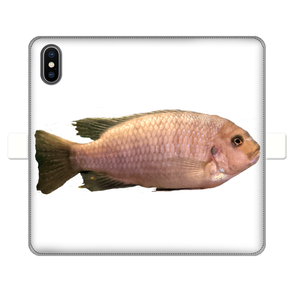 Cream Peach Fish Fully Printed Wallet Case showcasing vibrant design and magnetic closure, suitable for iPhone and Samsung models.