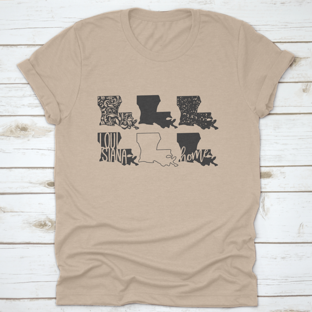 Creative graphic design of the map of Louisiana on a cotton t-shirt, showcasing vibrant colors and artistic details.