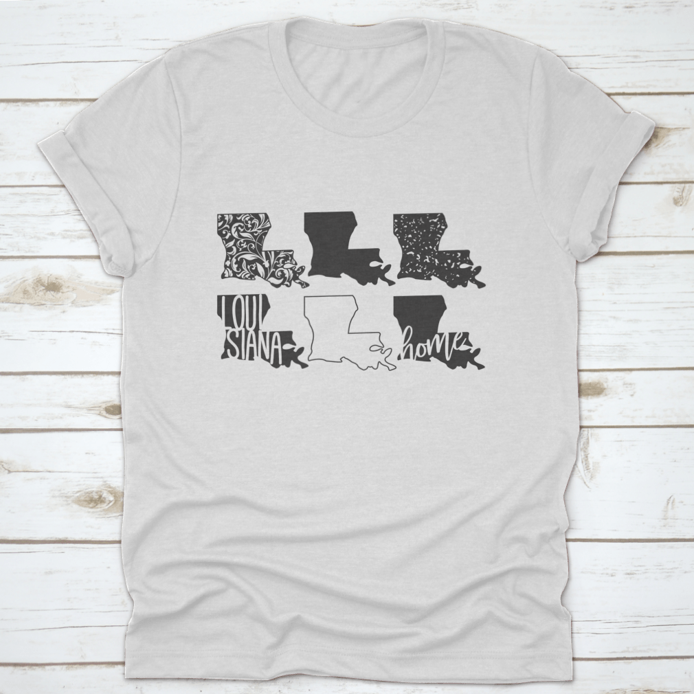 Creative graphic design of the map of Louisiana on a cotton t-shirt, showcasing vibrant colors and artistic details.
