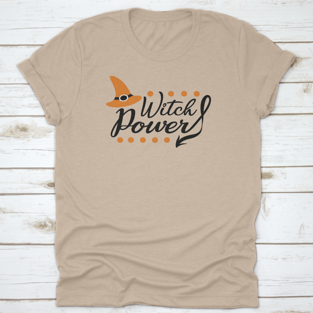 Creative Witch Power Inscription shirt featuring a traditional magic hat design with dots, made from 100% cotton.