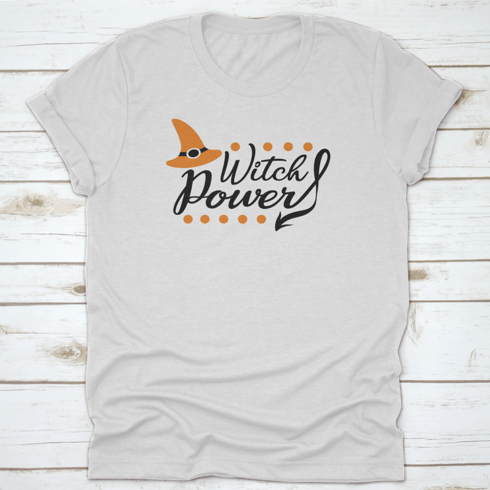 Creative Witch Power Inscription shirt featuring a traditional magic hat design with dots, made from 100% cotton.