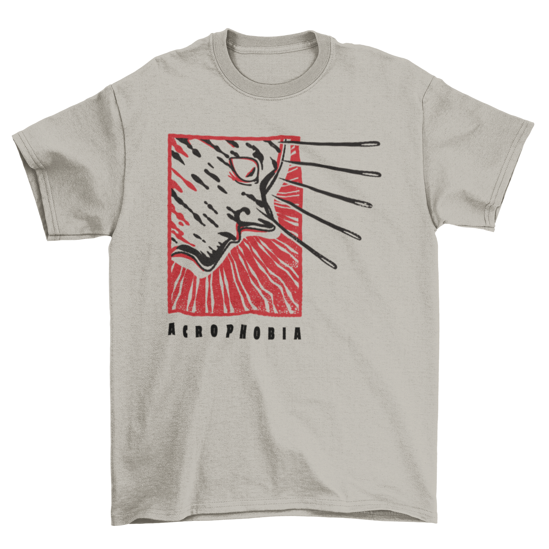 Creepy acrophobia t-shirt featuring a head with needles and the word 'Acrophobia' in a striking design.