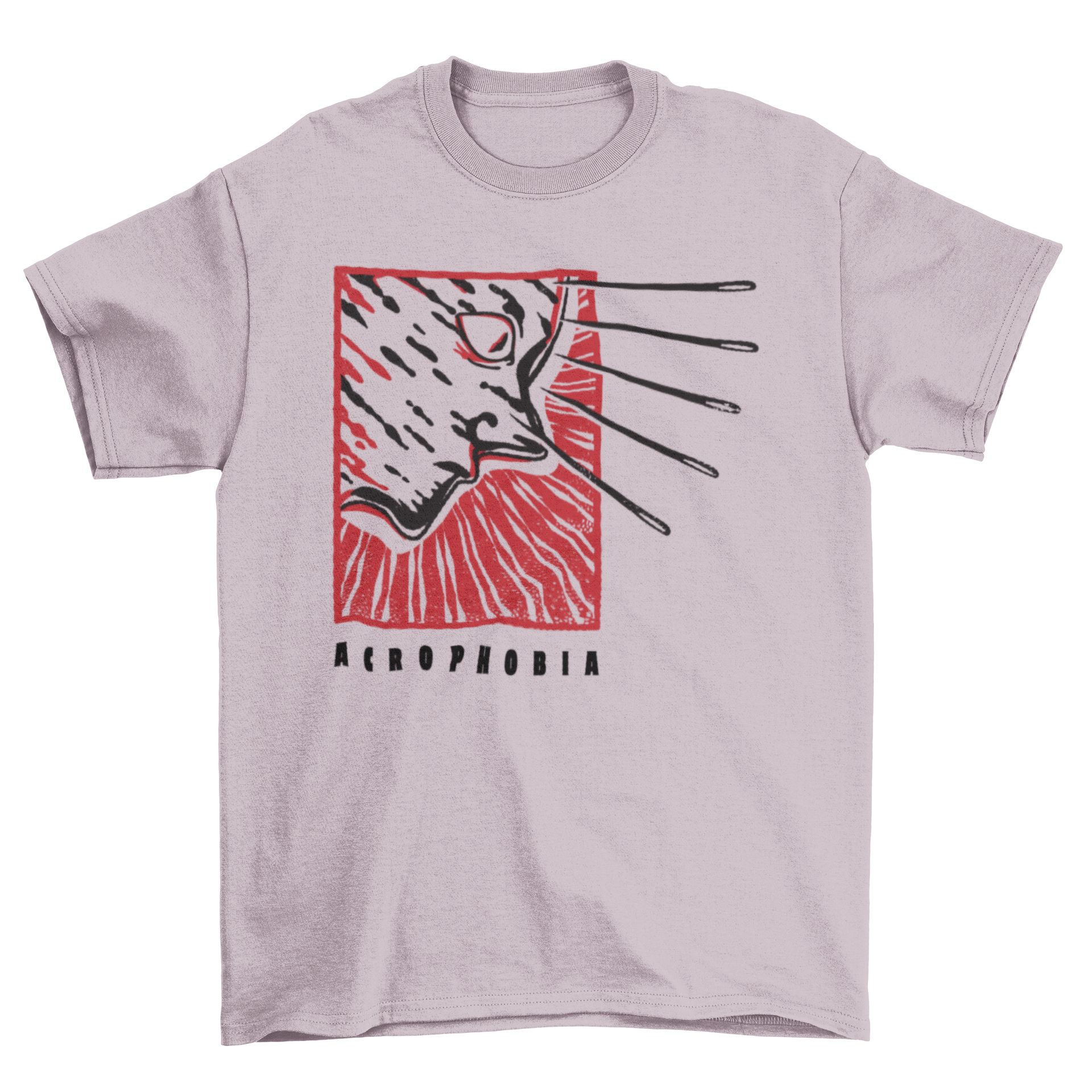 Creepy acrophobia t-shirt featuring a head with needles and the word 'Acrophobia' in a striking design.