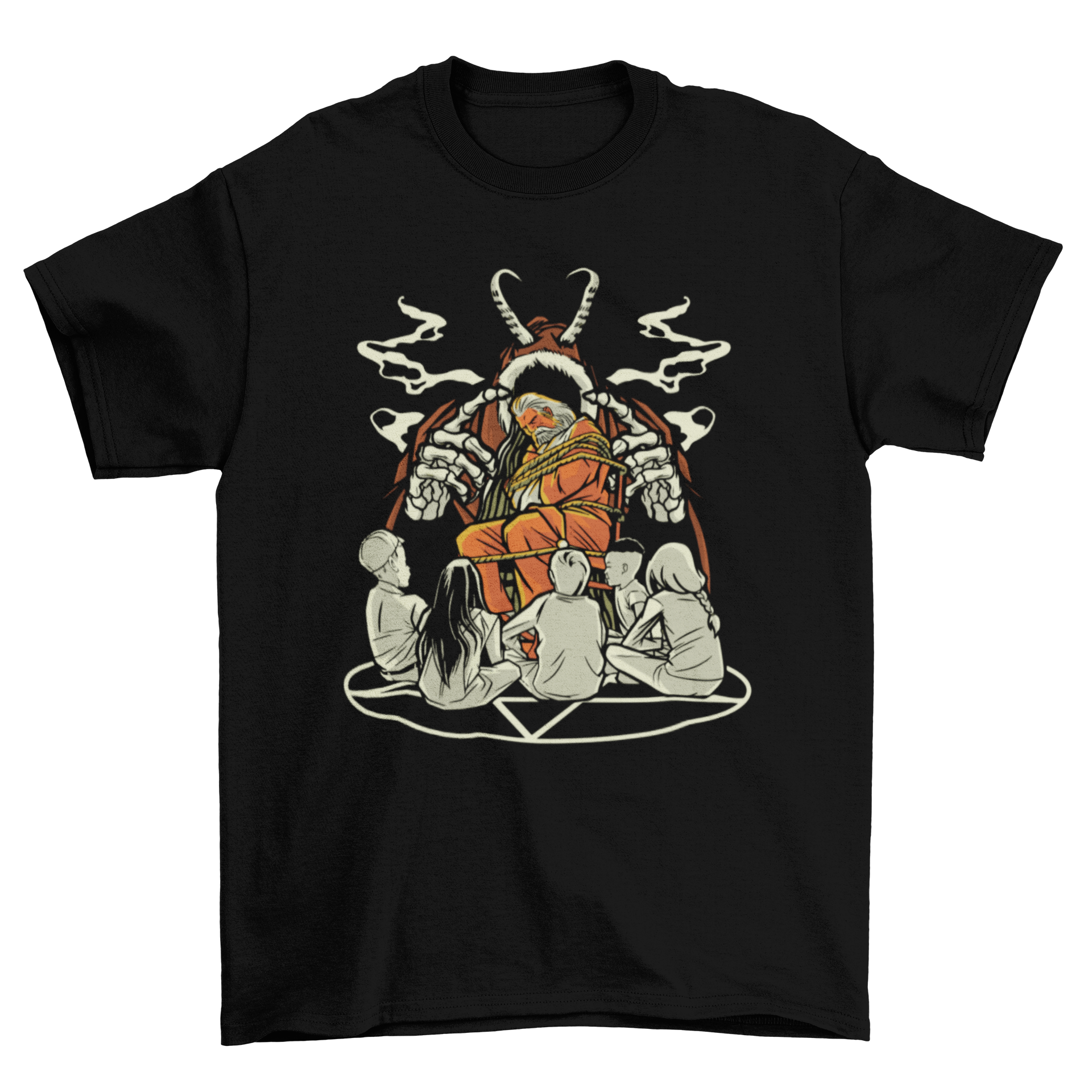 Creepy Christmas t-shirt featuring children on a pentagram with Santa Claus and Krampus in the background.