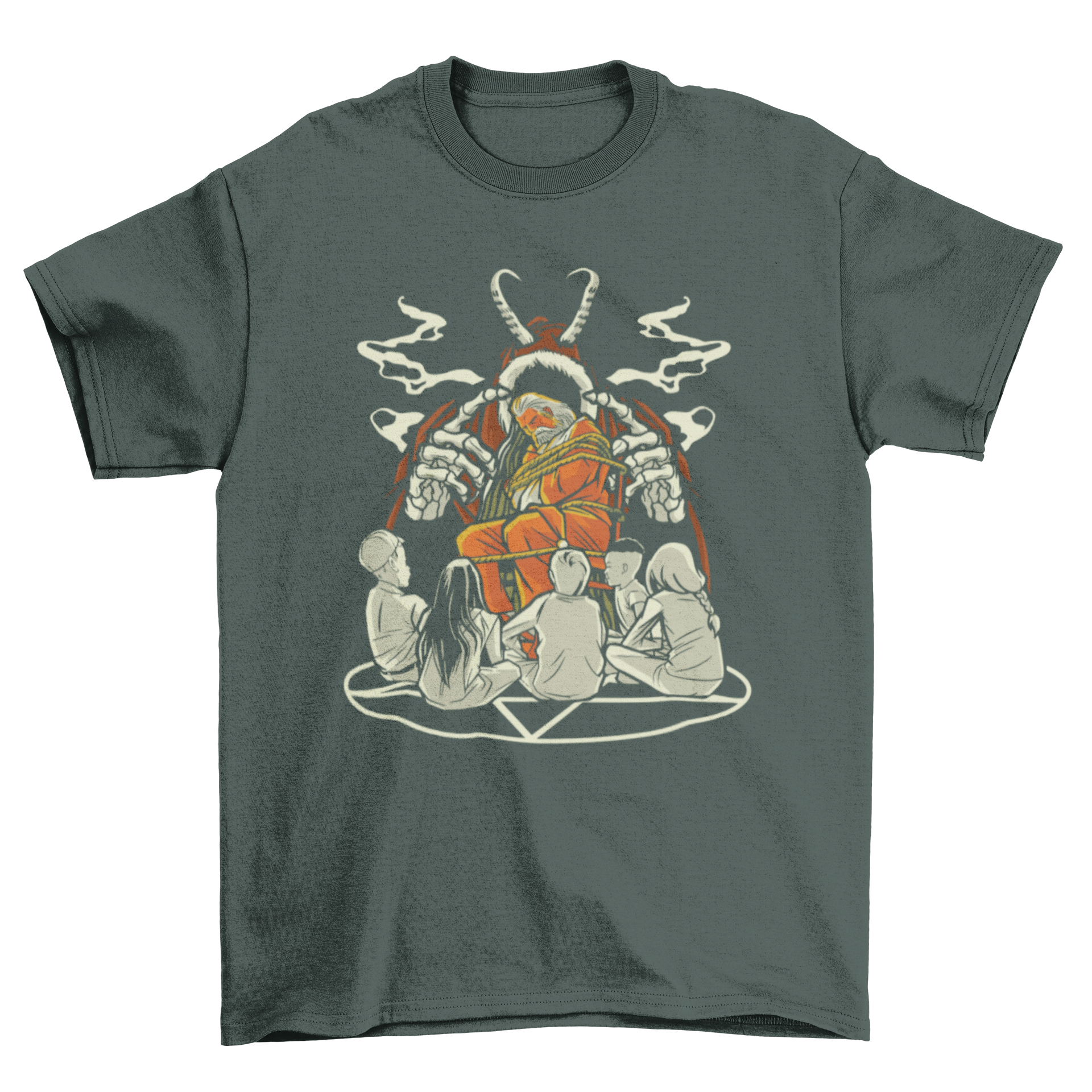 Creepy Christmas t-shirt featuring children on a pentagram with Santa Claus and Krampus in the background.