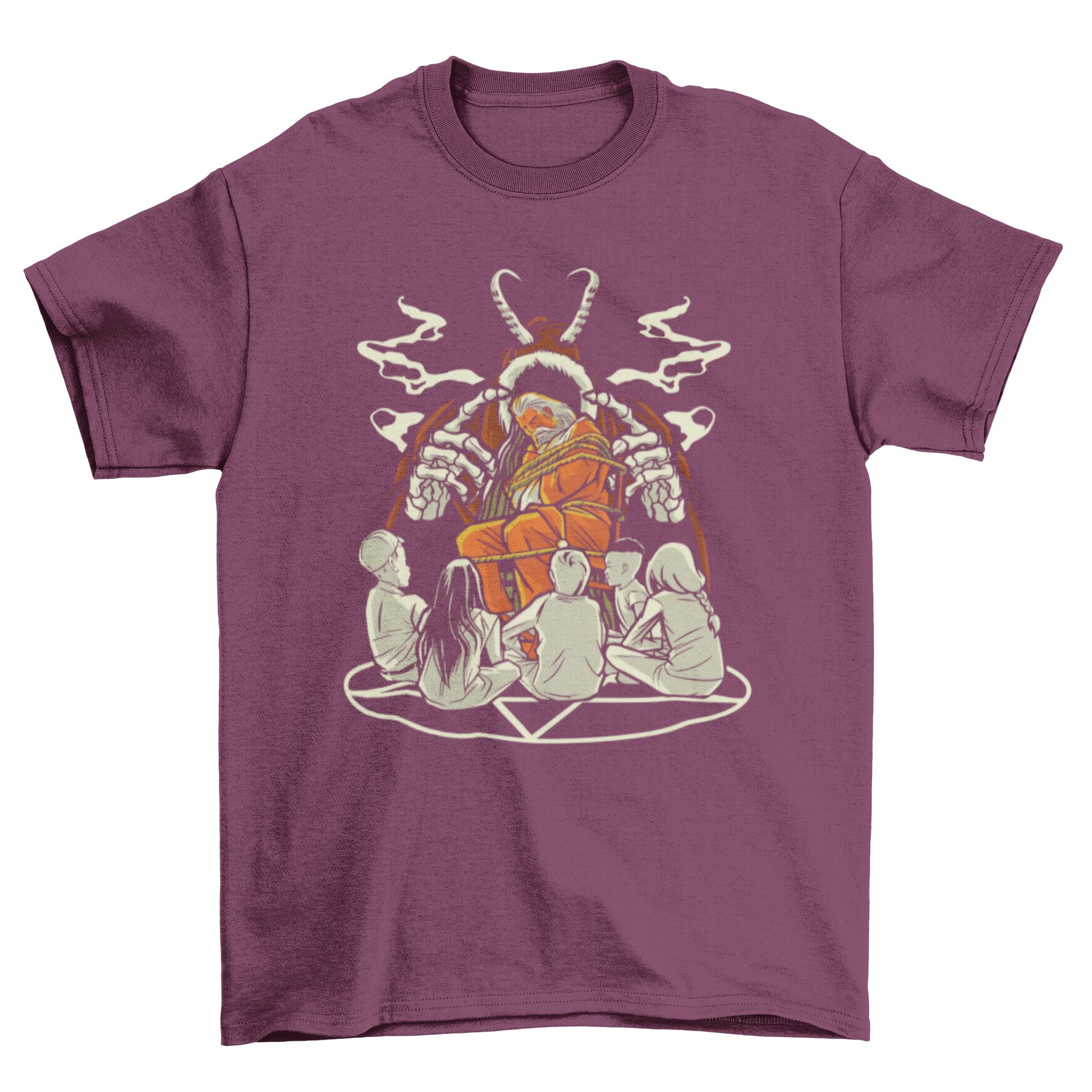 Creepy Christmas t-shirt featuring children on a pentagram with Santa Claus and Krampus in the background.