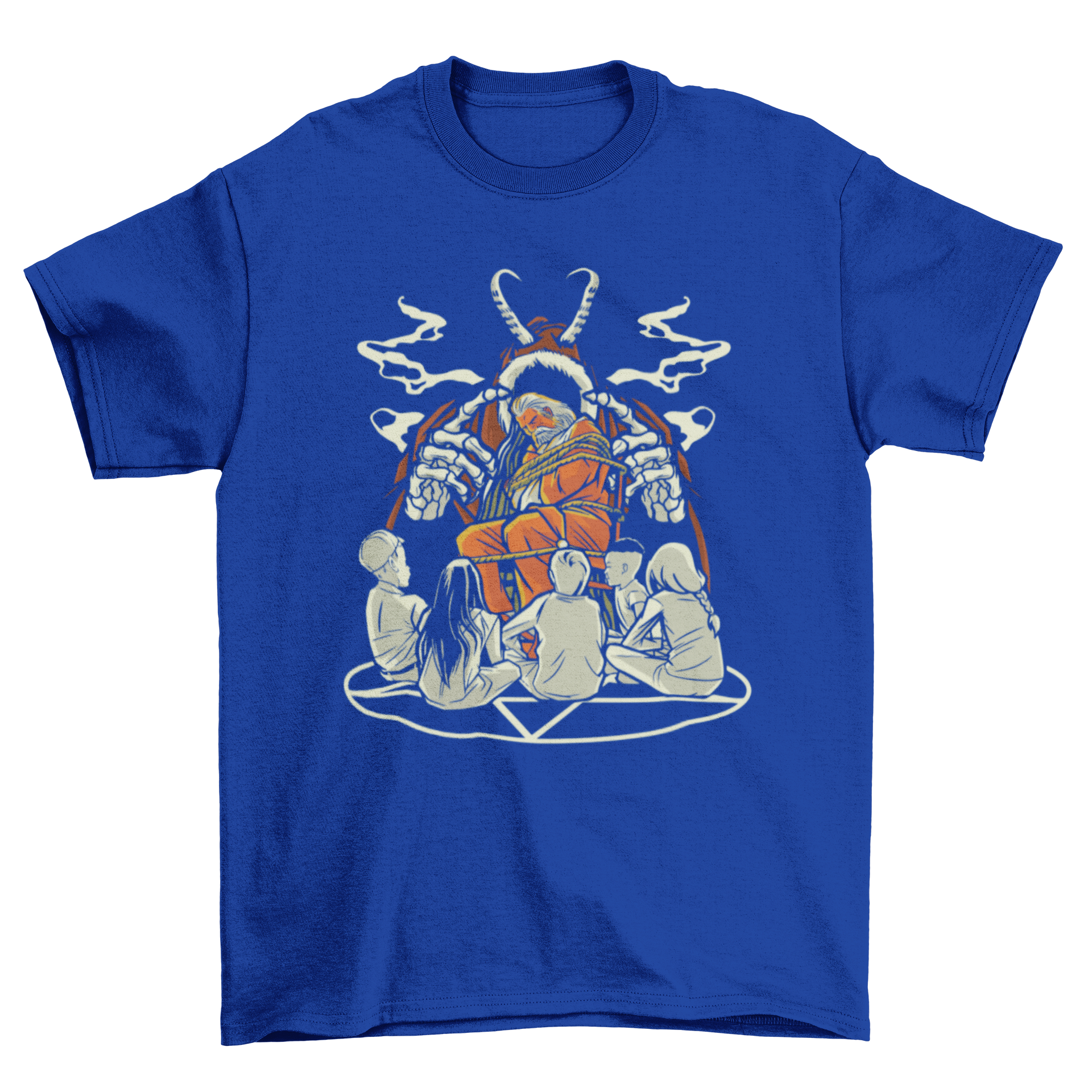 Creepy Christmas t-shirt featuring children on a pentagram with Santa Claus and Krampus in the background.