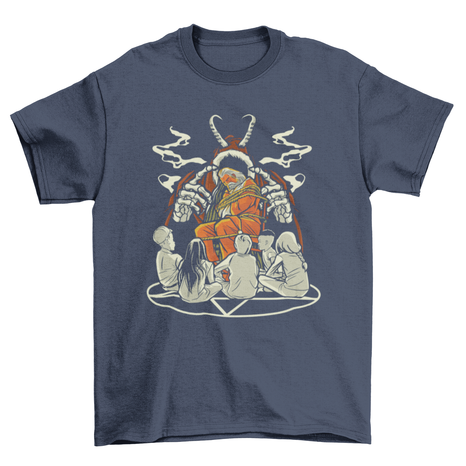 Creepy Christmas t-shirt featuring children on a pentagram with Santa Claus and Krampus in the background.