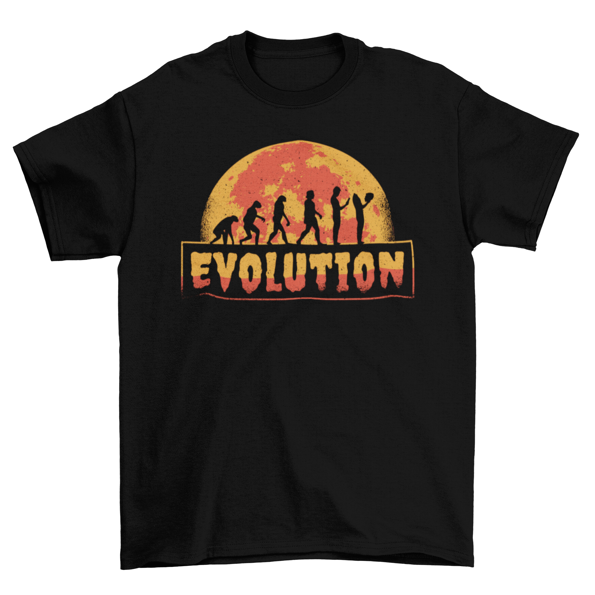 Creepy Evolution T-Shirt featuring a unique illustration of human evolution with a headless man at the end.