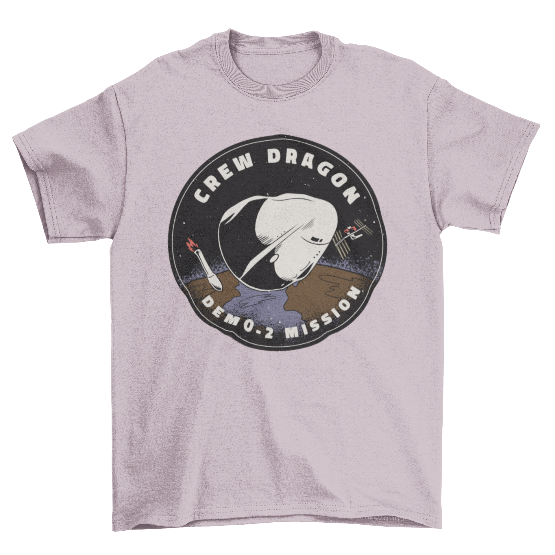 Crew Dragon Patch t-shirt featuring the Demo-2 mission design, showcasing a vibrant space patch with the text 'CREW DRAGON - DEMO-2 MISSION'.