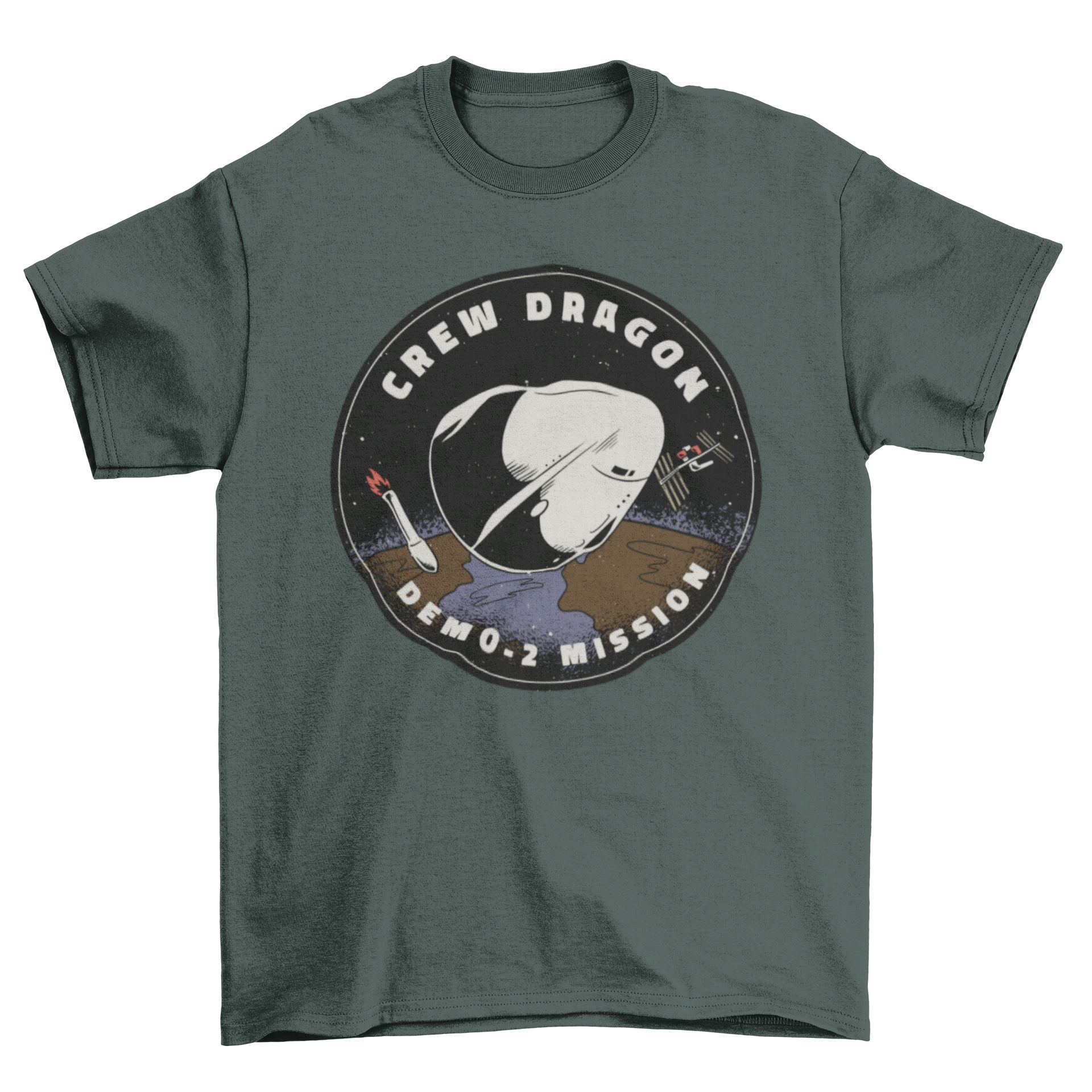 Crew Dragon Patch t-shirt featuring the Demo-2 mission design, showcasing a vibrant space patch with the text 'CREW DRAGON - DEMO-2 MISSION'.