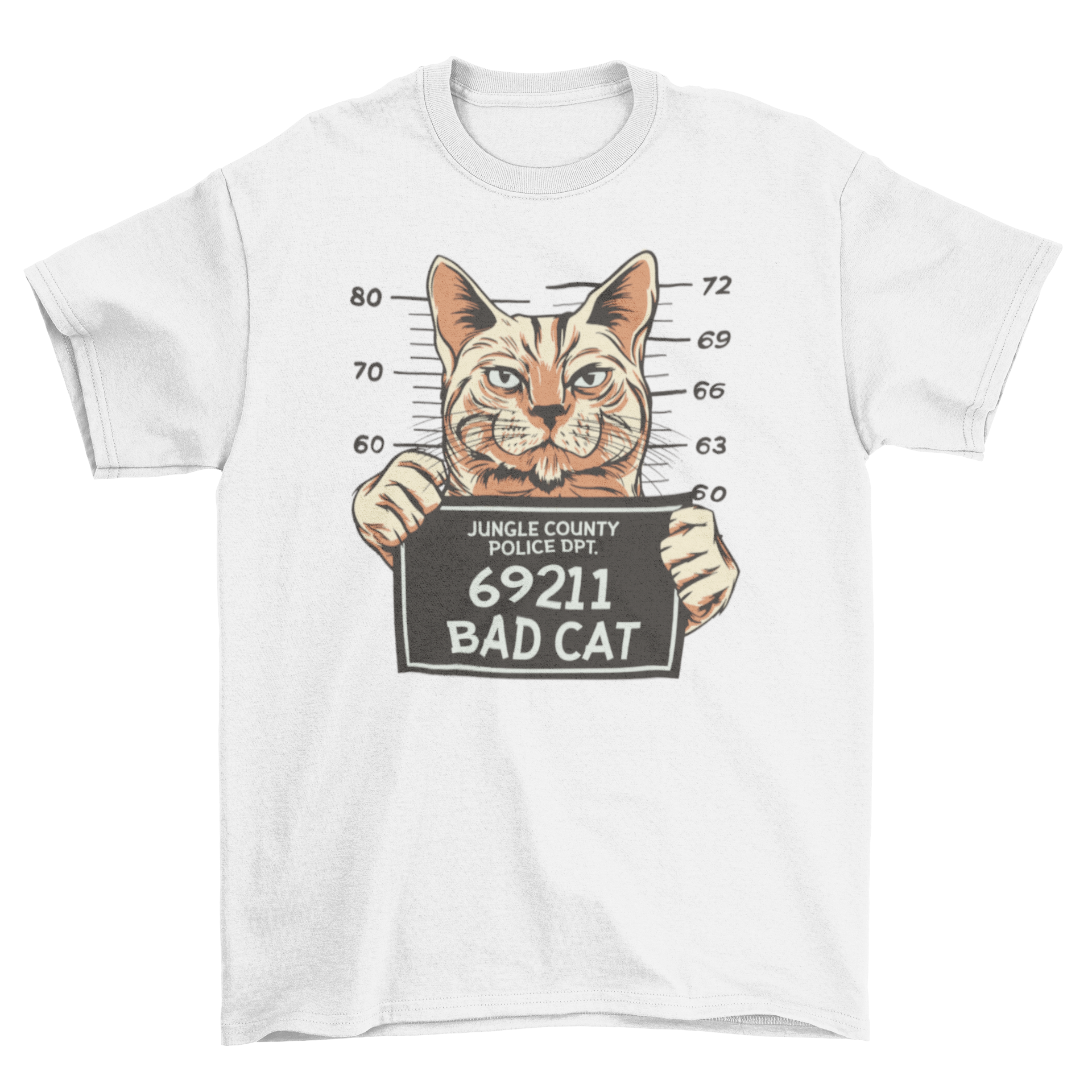 A playful t-shirt featuring a cartoon cat dressed as a criminal, showcasing a humorous design perfect for cat lovers.