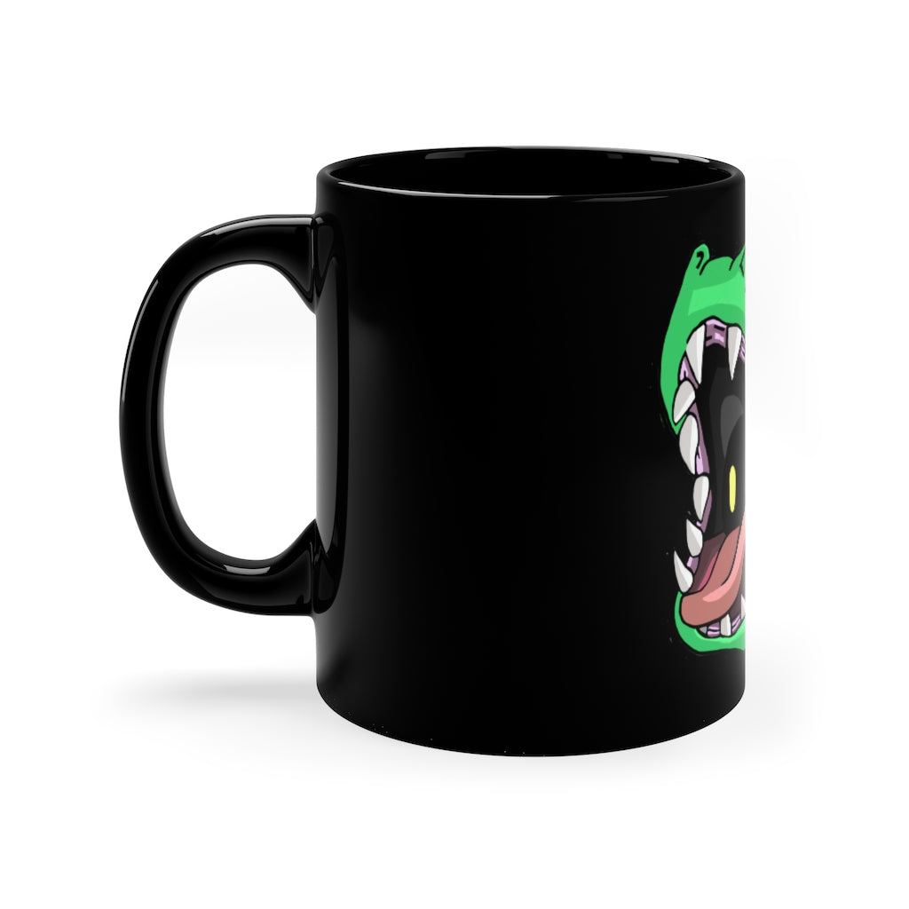 A sleek 11oz black ceramic mug with a C-handle, ideal for coffee, tea, or hot chocolate, showcasing customizable designs.