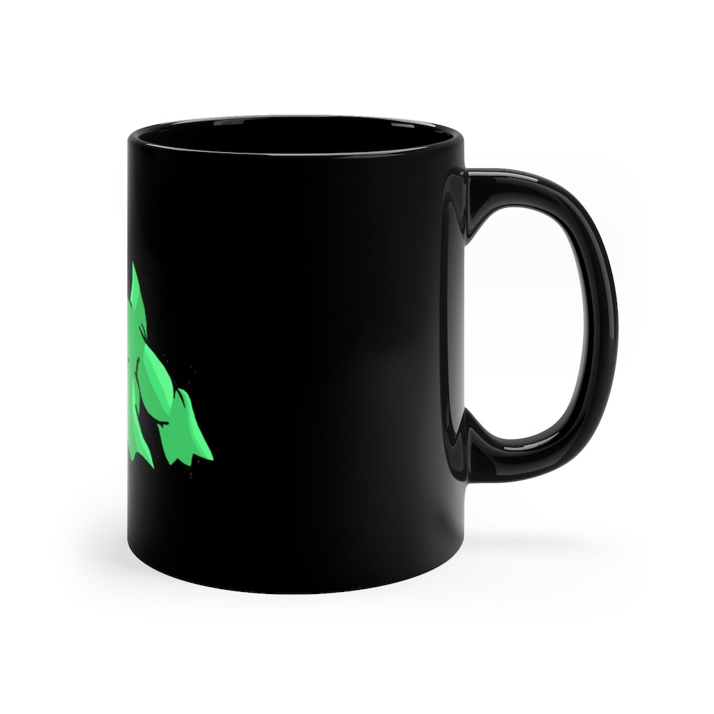 A sleek 11oz black ceramic mug with a C-handle, ideal for coffee, tea, or hot chocolate, showcasing customizable designs.