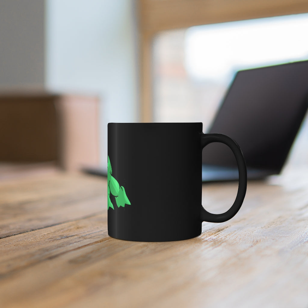 A sleek 11oz black ceramic mug with a C-handle, ideal for coffee, tea, or hot chocolate, showcasing customizable designs.