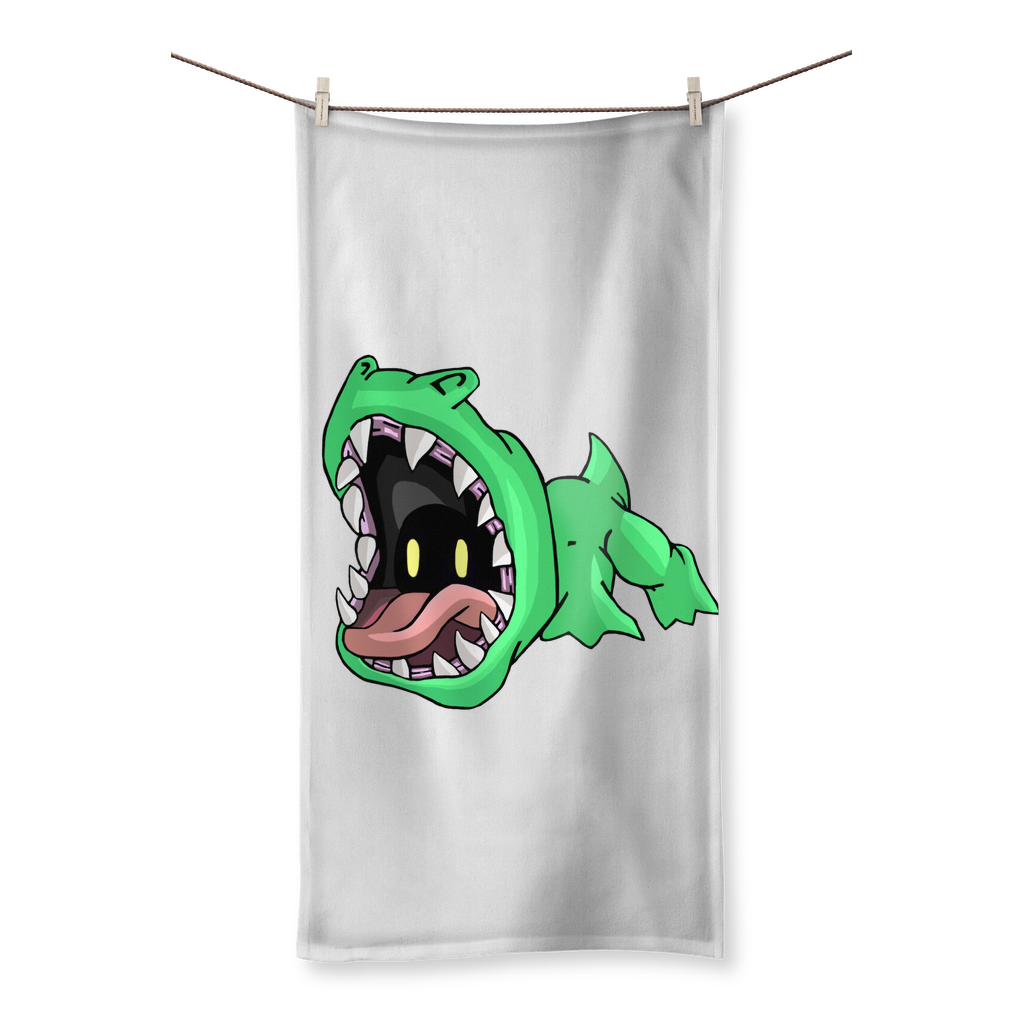 Crock Sublimation All Over Towel showcasing vibrant prints on one side and soft cotton backing on the other, available in various sizes.