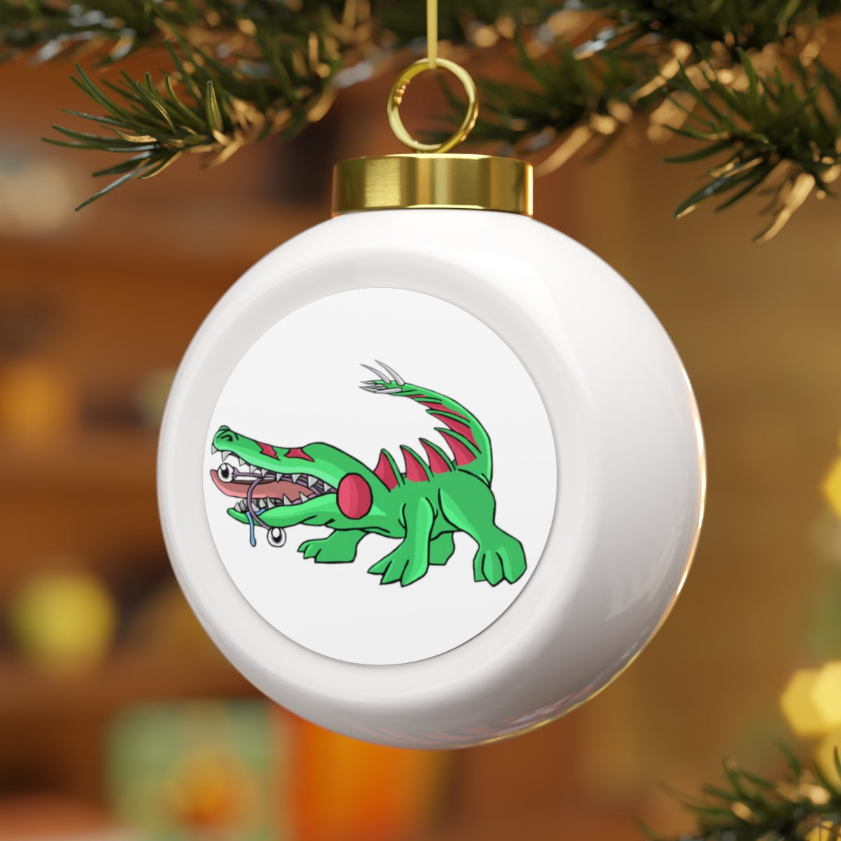 Crocodilas Christmas Ball Ornament featuring a glossy ceramic finish, gold ribbon, and vintage design, perfect for holiday decor.