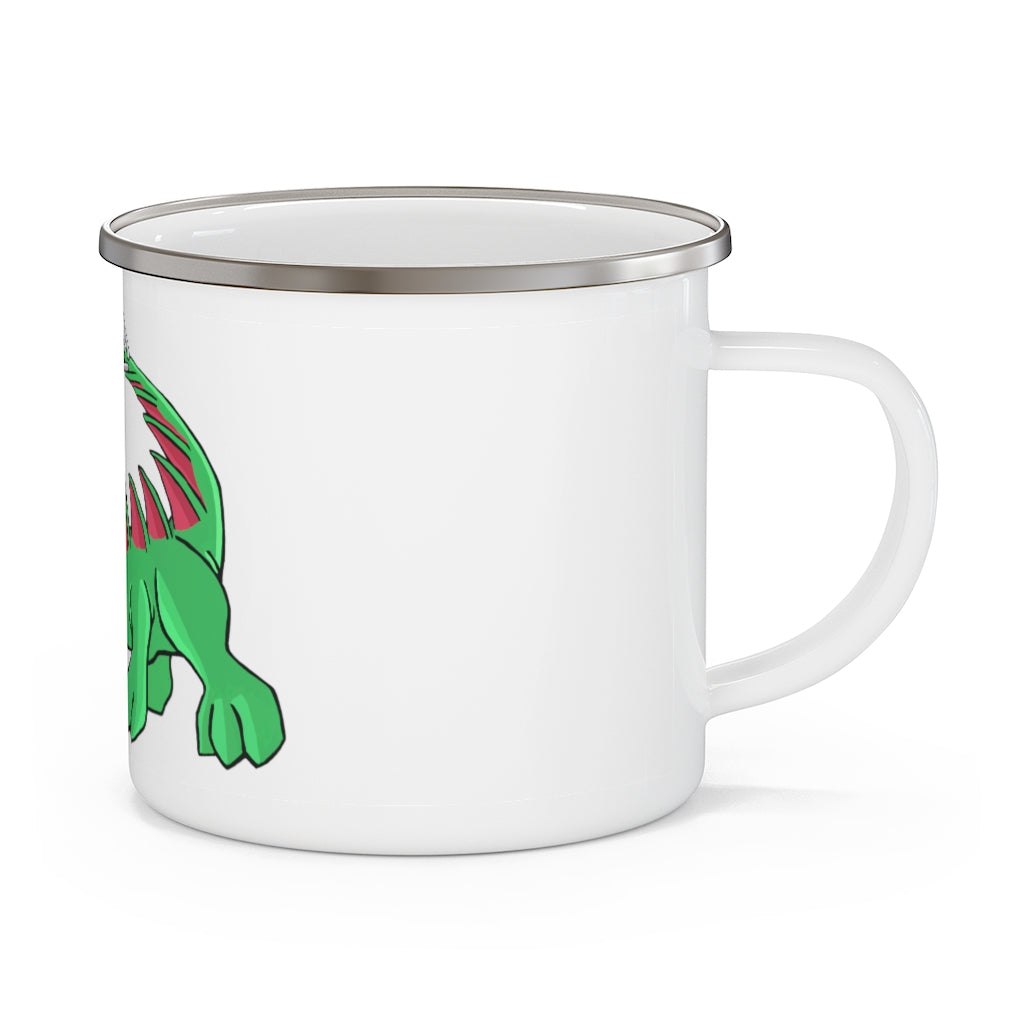 Crocodilas Enamel Camping Mug with a vibrant design, showcasing its durable stainless steel construction and C-handle.