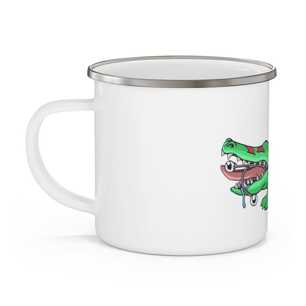 Crocodilas Enamel Camping Mug with a vibrant design, showcasing its durable stainless steel construction and C-handle.