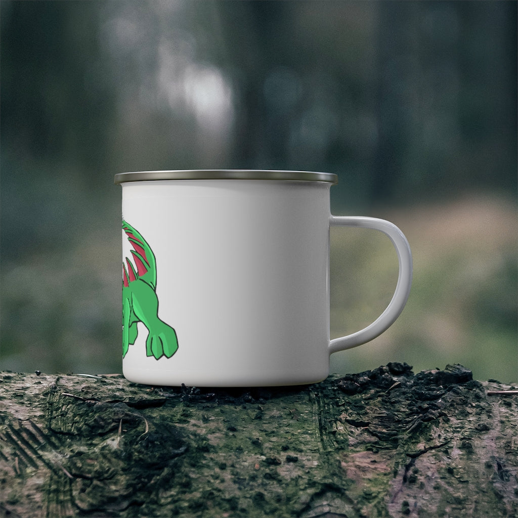 Crocodilas Enamel Camping Mug with a vibrant design, showcasing its durable stainless steel construction and C-handle.