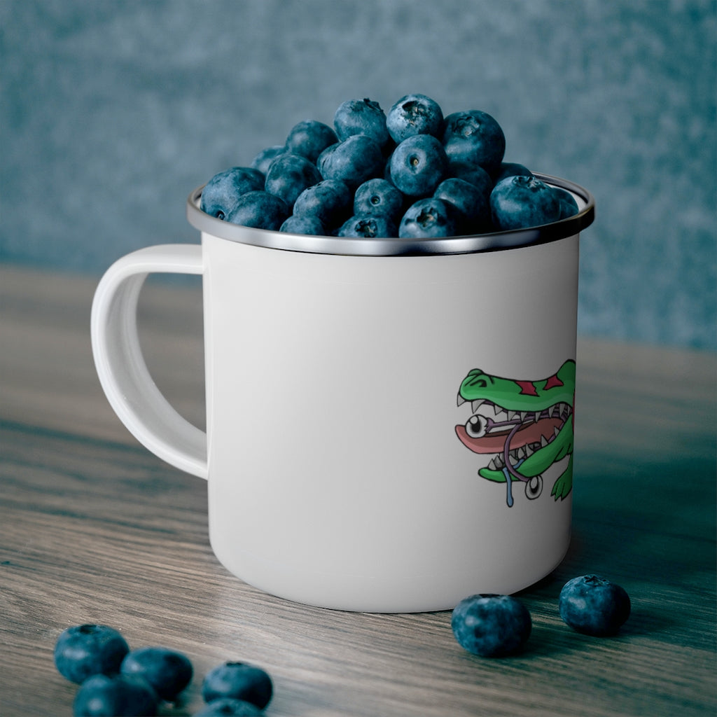 Crocodilas Enamel Camping Mug with a vibrant design, showcasing its durable stainless steel construction and C-handle.