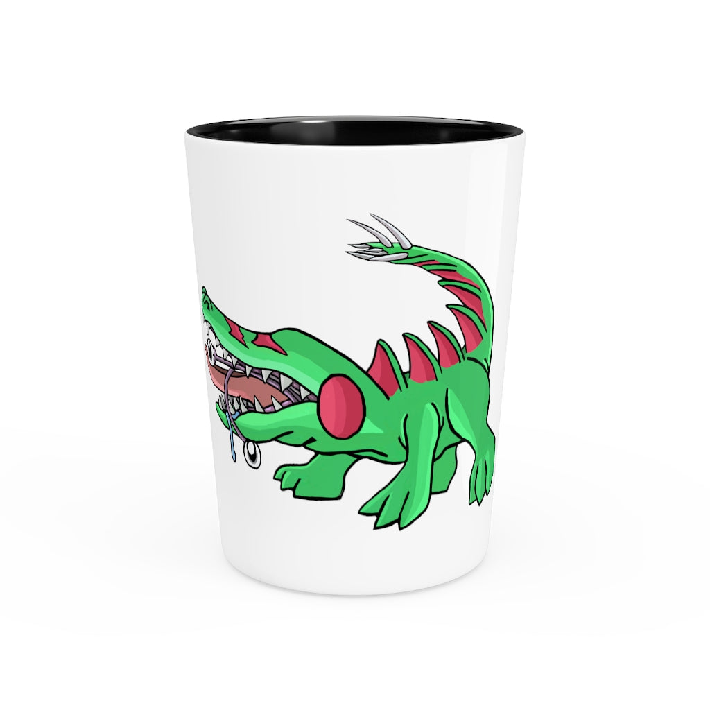 A personalized Crocodilas shot glass made of ceramic, featuring a customizable design with a white or black interior, perfect for gatherings and gifts.