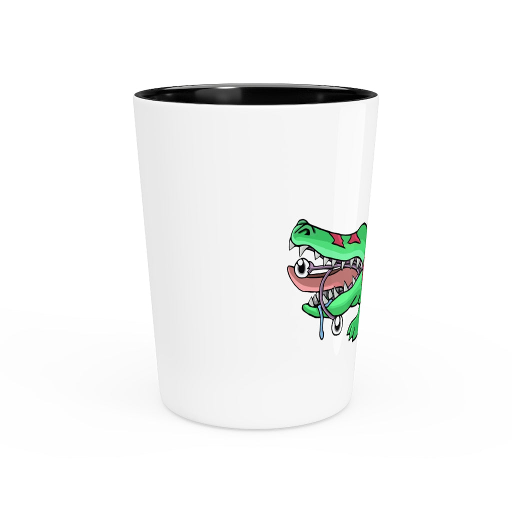 A personalized Crocodilas shot glass made of ceramic, featuring a customizable design with a white or black interior, perfect for gatherings and gifts.