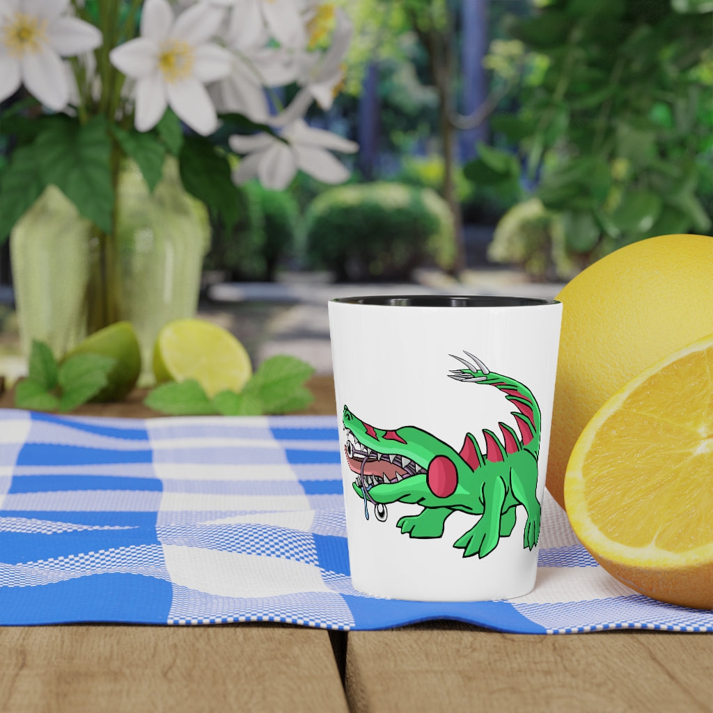 A personalized Crocodilas shot glass made of ceramic, featuring a customizable design with a white or black interior, perfect for gatherings and gifts.