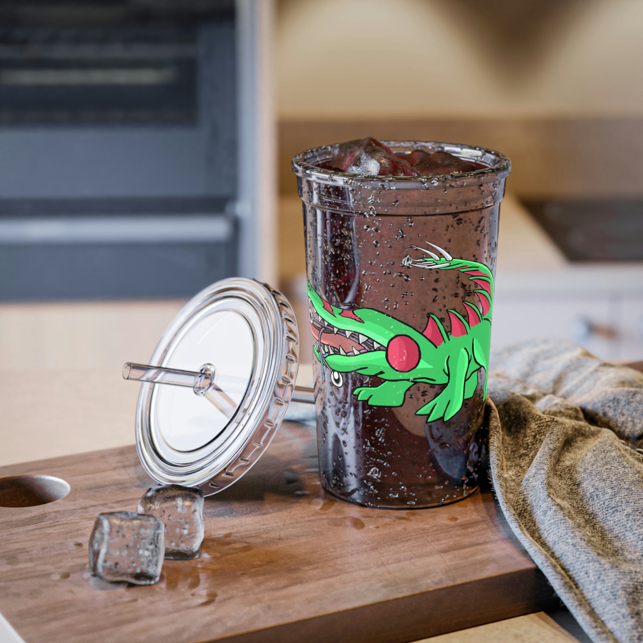 Crocodilas Suave Acrylic Cup with double-wall insulation, featuring a customizable design and a straw.