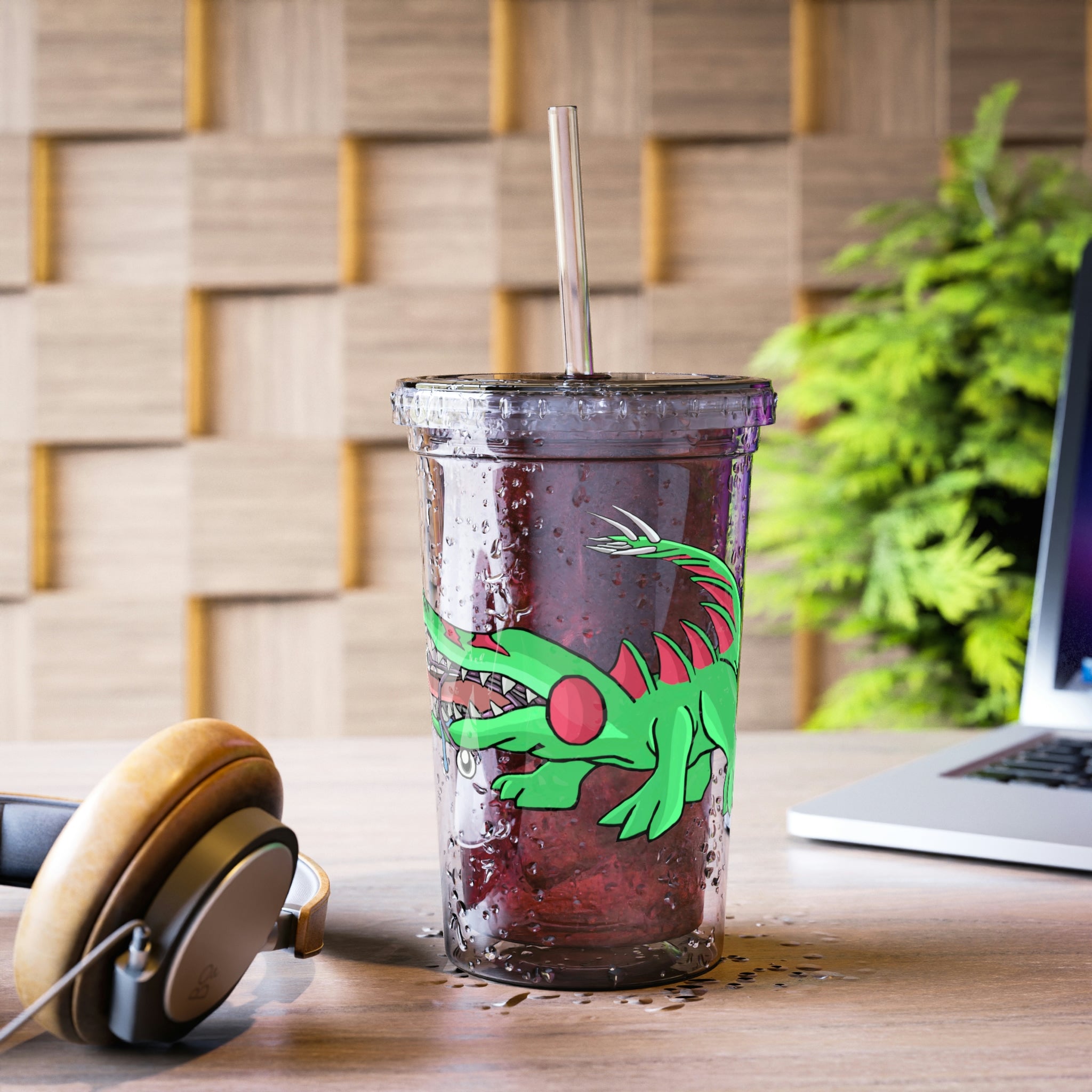 Crocodilas Suave Acrylic Cup with double-wall insulation, featuring a customizable design and a straw.