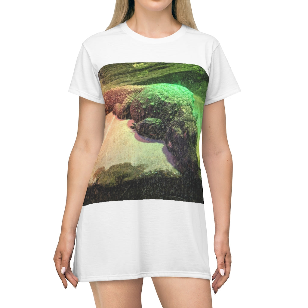 Crocodile All Over Print T-Shirt Dress showcasing vibrant crocodile patterns on a lightweight fabric.