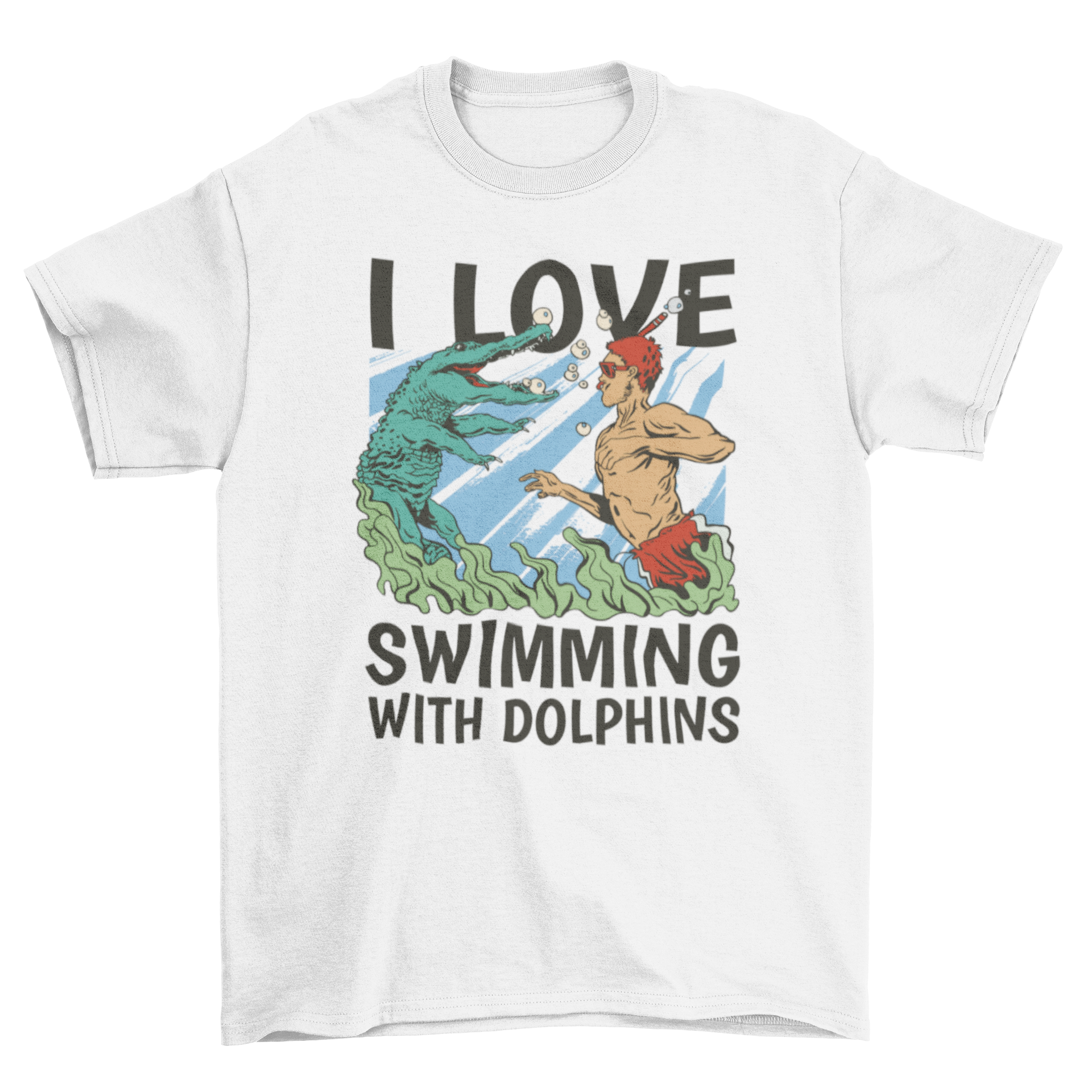 A vibrant t-shirt featuring a man swimming with a crocodile in the sea, with the quote 'I love swimming with dolphins'.
