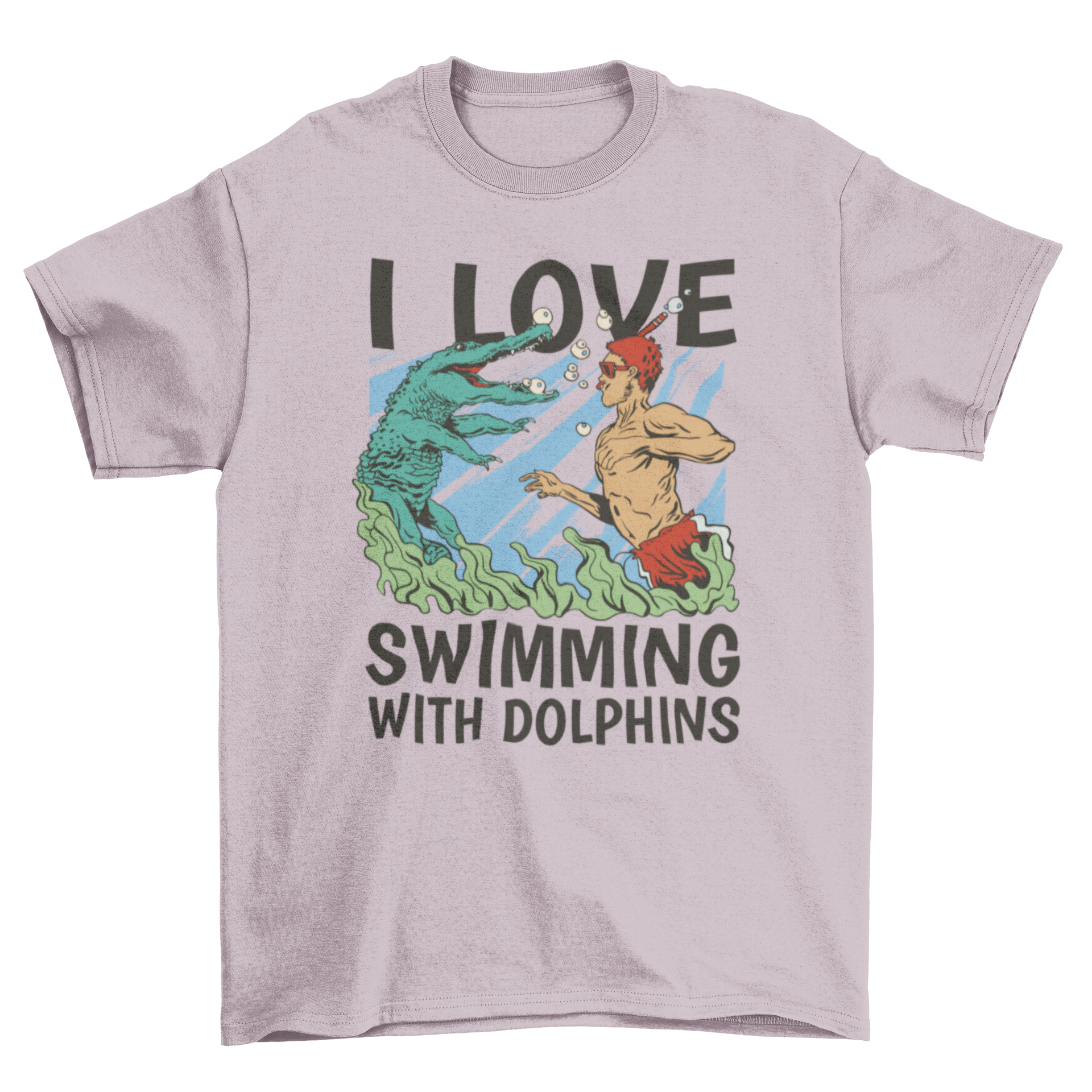 A vibrant t-shirt featuring a man swimming with a crocodile in the sea, with the quote 'I love swimming with dolphins'.