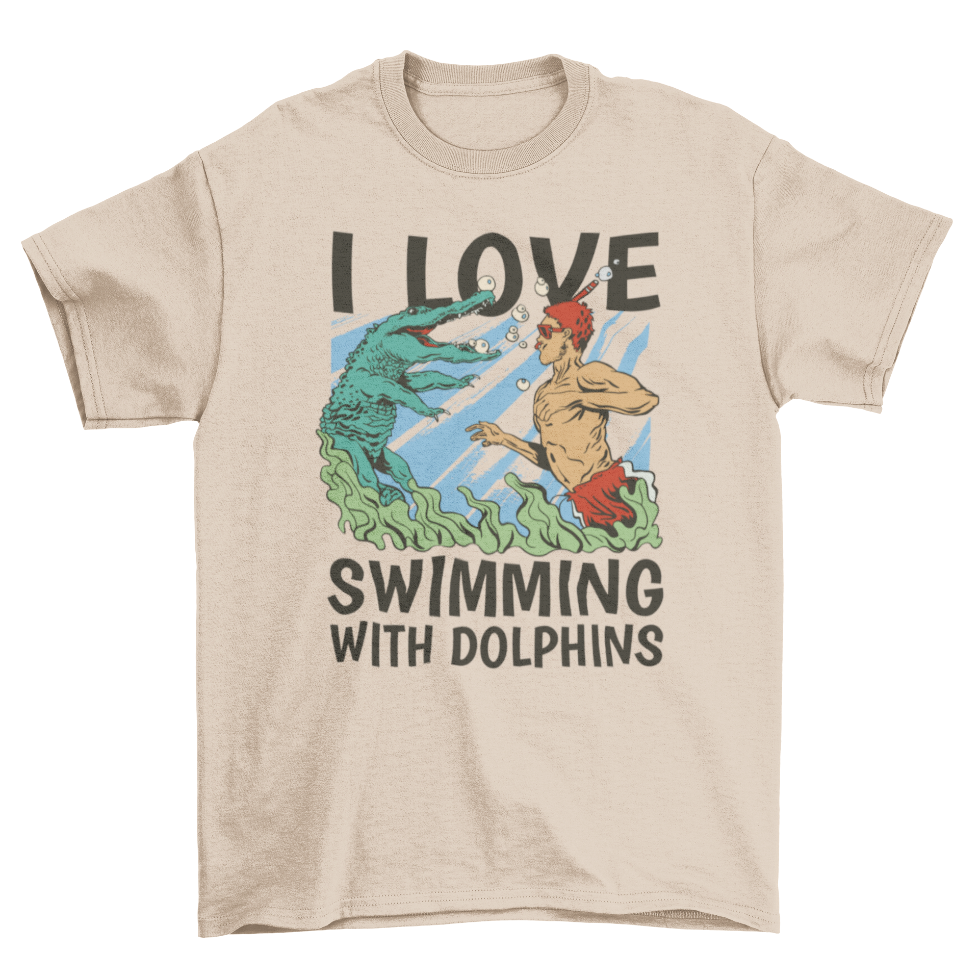 A vibrant t-shirt featuring a man swimming with a crocodile in the sea, with the quote 'I love swimming with dolphins'.