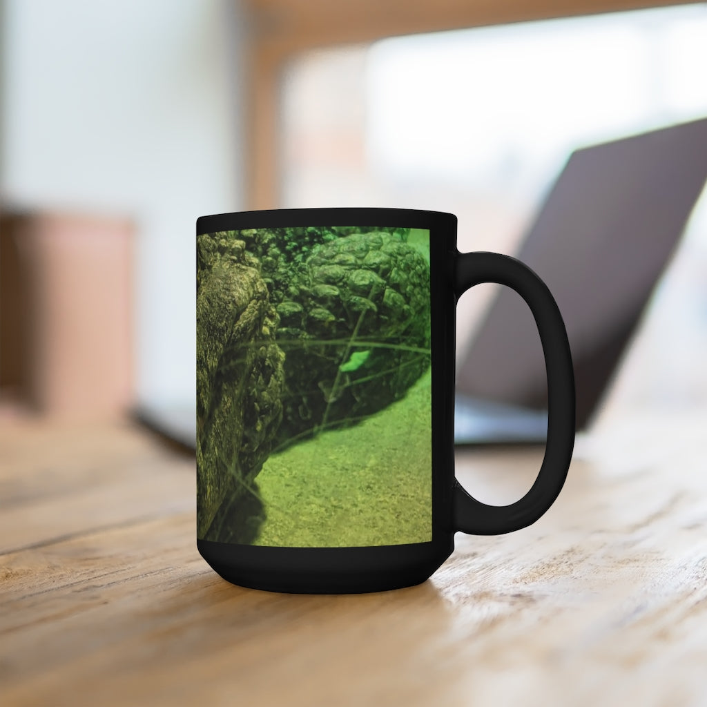 Crocodile Black Mug 15oz featuring a sleek black ceramic design with rounded corners and a comfortable C-handle.